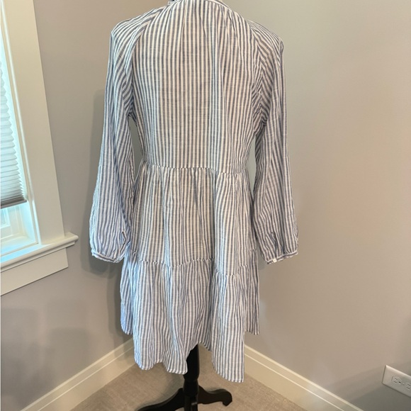 White + Chambray Tiered Dress with 3/4 length sleeves. - Picture 3 of 7